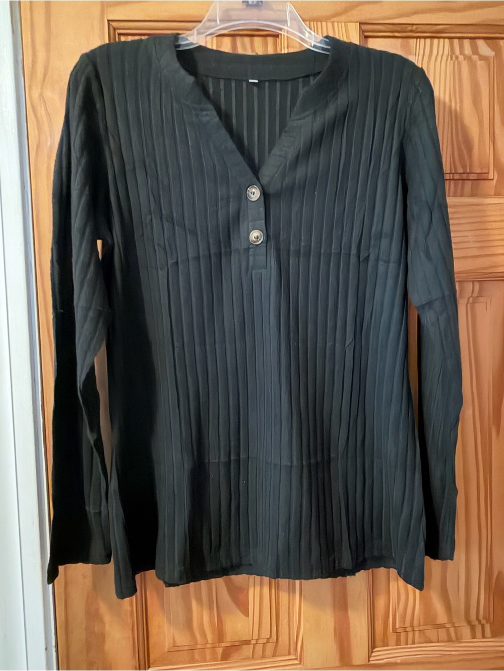 Black Pleated Long Sleeve Henley Top